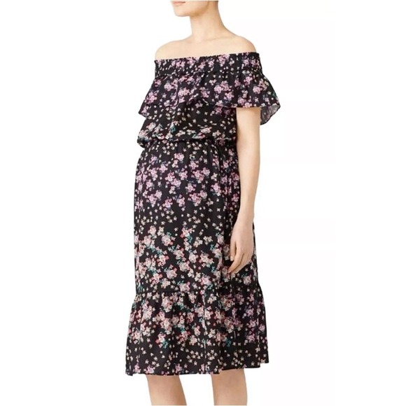 ROSIE POPE Serena Floral Off-Shoulder Maternity Dress Size Medium Smocked Ruffle - Picture 1 of 10